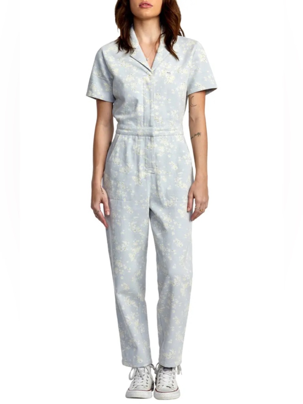 RVCA Pale Blue Floral Short-Sleeve Utility Jumpsuit